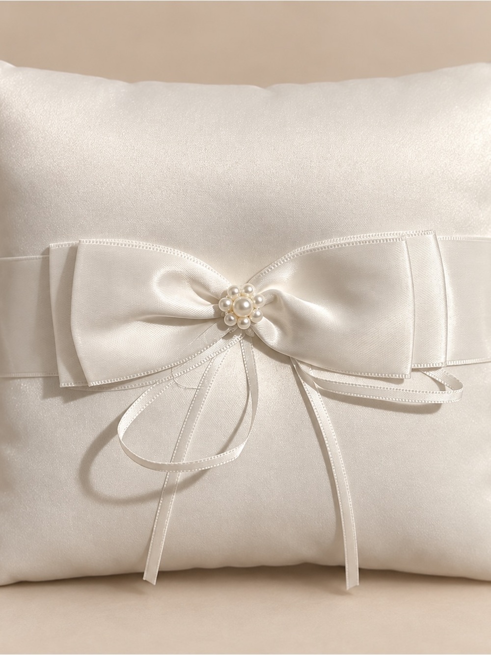 Elegant White Satin Ring Bearer Pillow with Pearl Bow